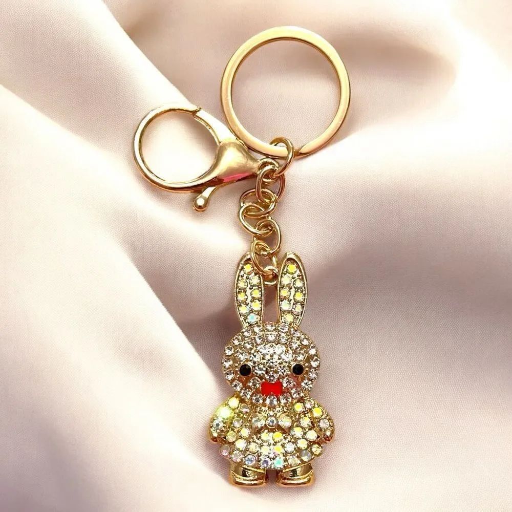 White and Iridescent Crystal Bunny Gold Tone Keychain